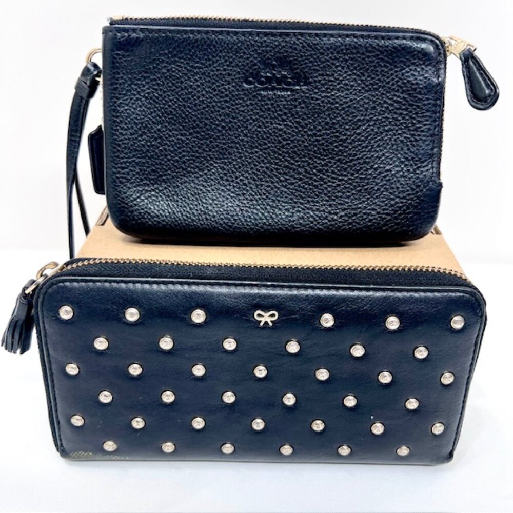 2 Vintage Wallets black leather full zip COACH & Ana Hindmarch with Studs (70)